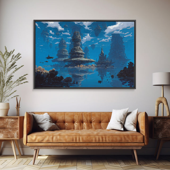 Blue Underwater Fantasy Cityscape Wall Art, Modern Canvas Print, Dreamy Ocean Decor, Unique Large Living Room Art, Home Decor Gift