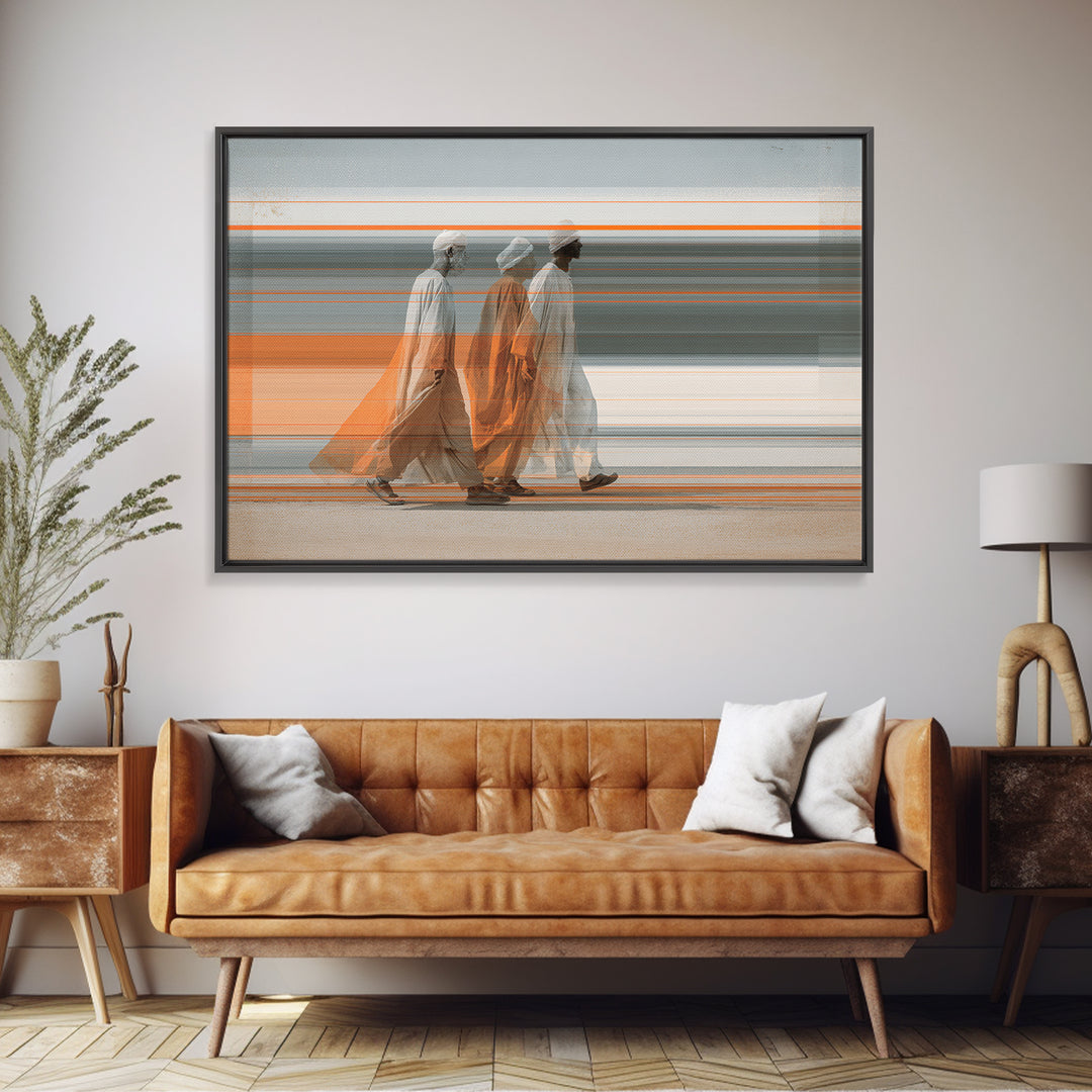 Three Robed Travelers In Motion Wall Art, African Inspired Modern Canvas, Cultural Home Decor, Statement Living Room Print
