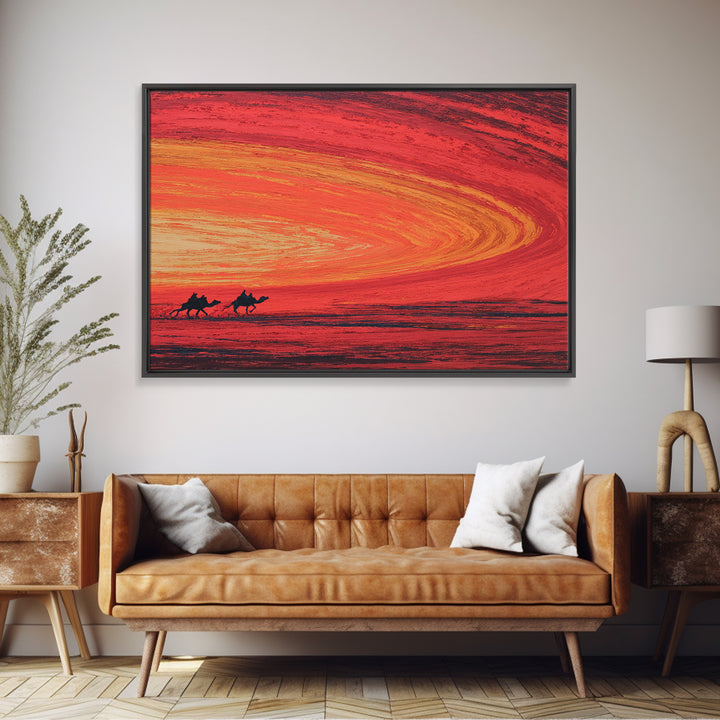 Camels Crossing Fiery Desert Sunset Canvas Print, African Safari Art, Burnt Orange Decor, Travel Poster, Statement Wall Decor