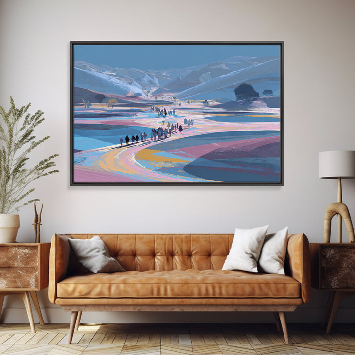 Pastel Mountain Valley Caravan Wall Art, African Landscape Inspired Travel Print, Blue Pink Nature Scene Art, Large Decor
