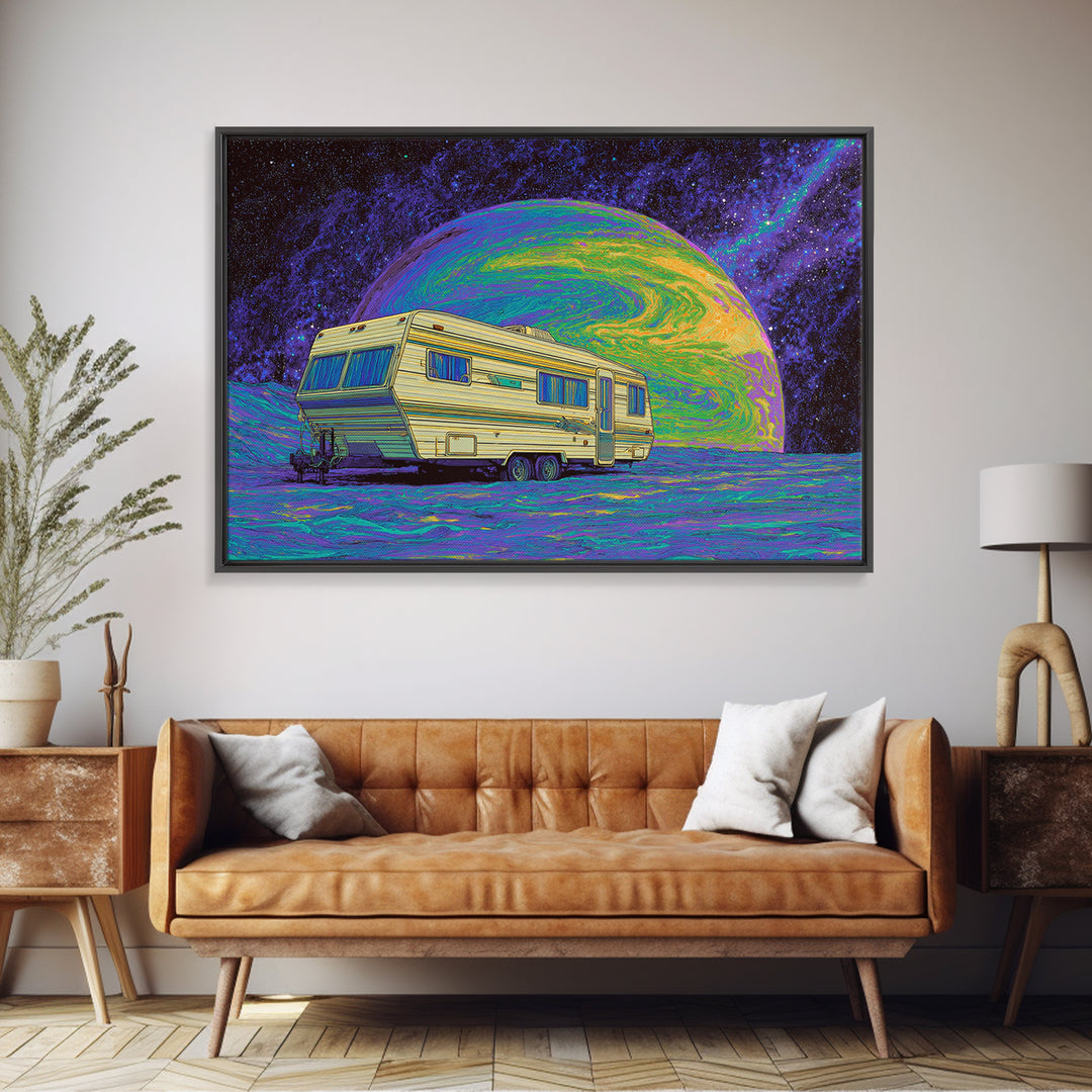 Retro Camper On Psychedelic Alien Planet Canvas Print, Digital Art, Afrofuturism Decor, Space Travel Poster, Unique Wall Decor