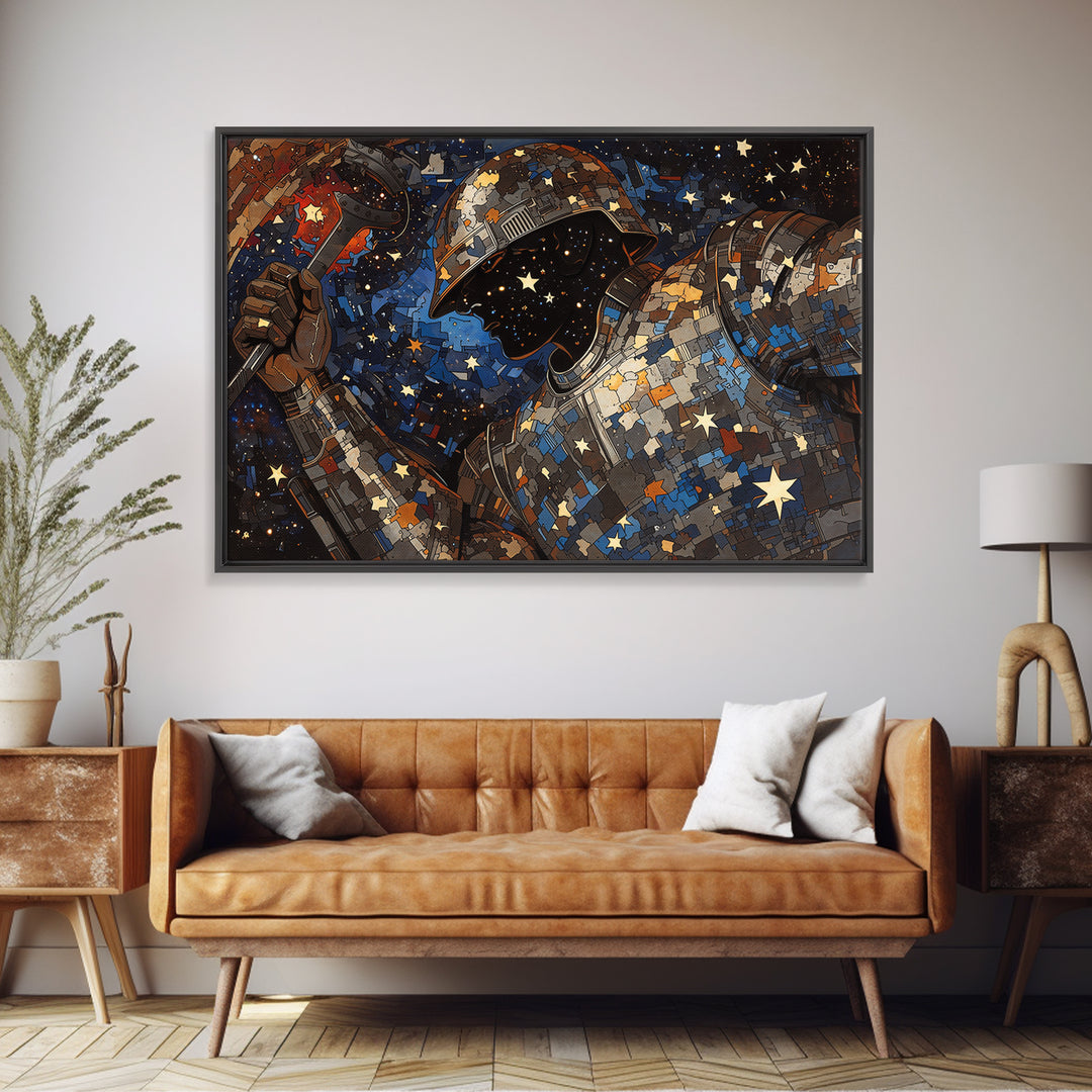 Star Filled Cosmic Warrior Portrait Framed Canvas Print, African Warrior Art, Afrofuturism Decor, Bold Contemporary Art Print