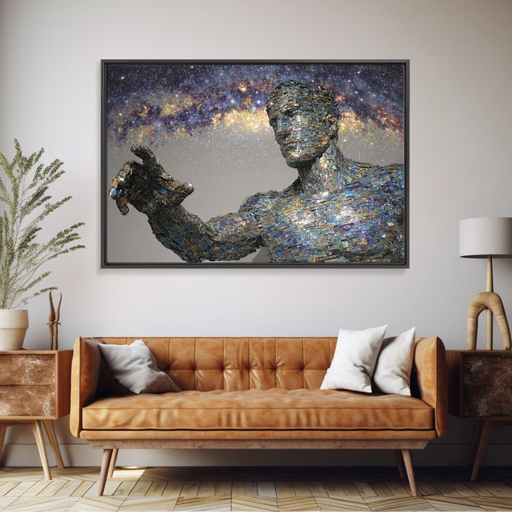 Faceless Cosmic Figure Reaching To Stars Framed Canvas Print, Modern Sculpture Art, Galaxy Wall Decor, Unique Canvas Art