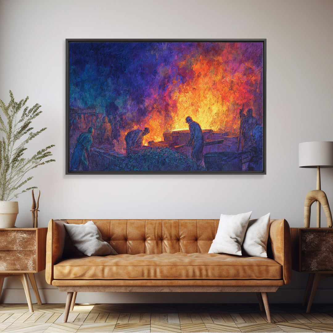 Workers Around Blazing Forge Wall Art, African American Art, Industrial Painting, Blue Orange Decor, Cultural Home Decor