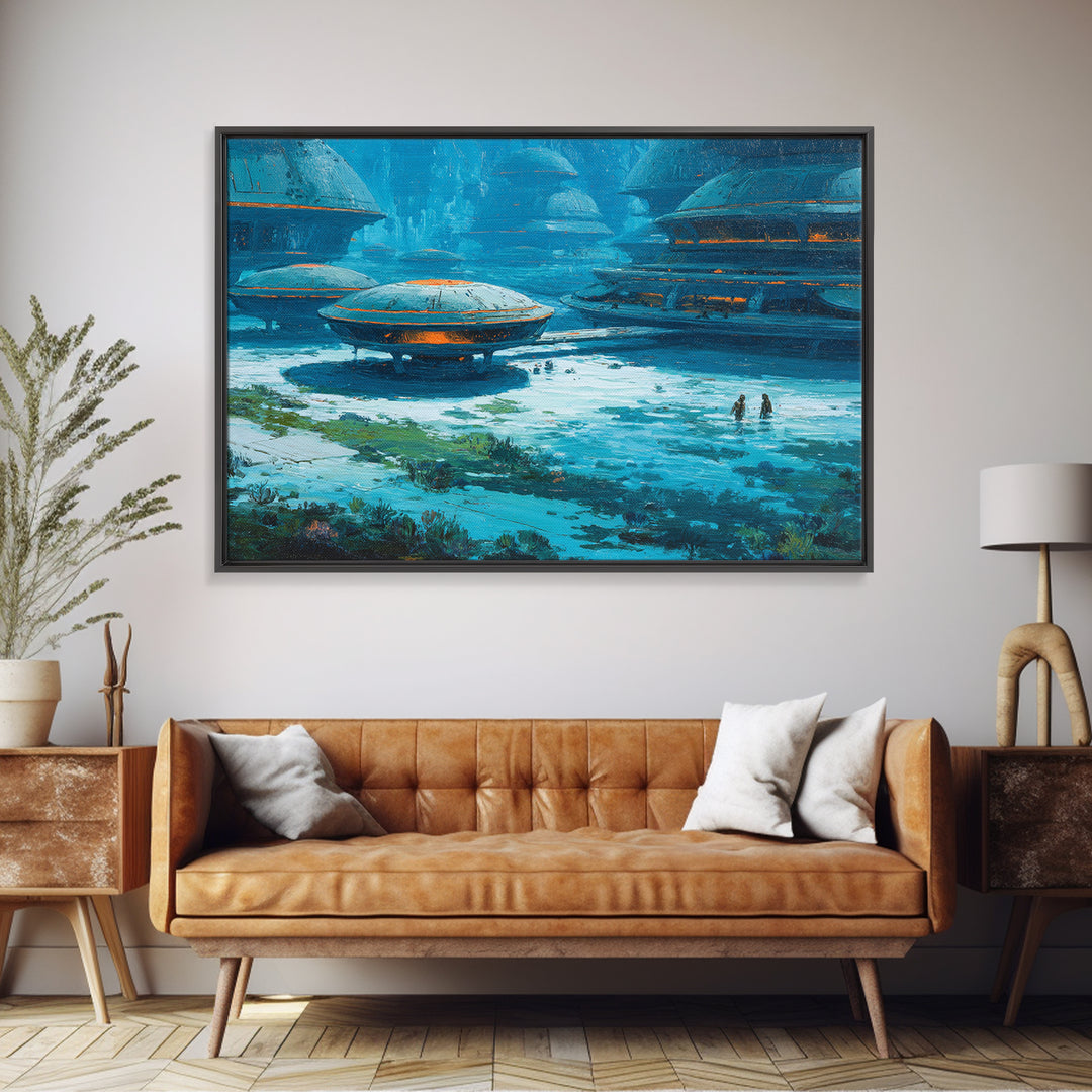 Blue Futuristic African Village Canvas Print, Afrofuturism Decor, Sci Fi Landscape, Modern Canvas Art, Unique Home Decor Gift