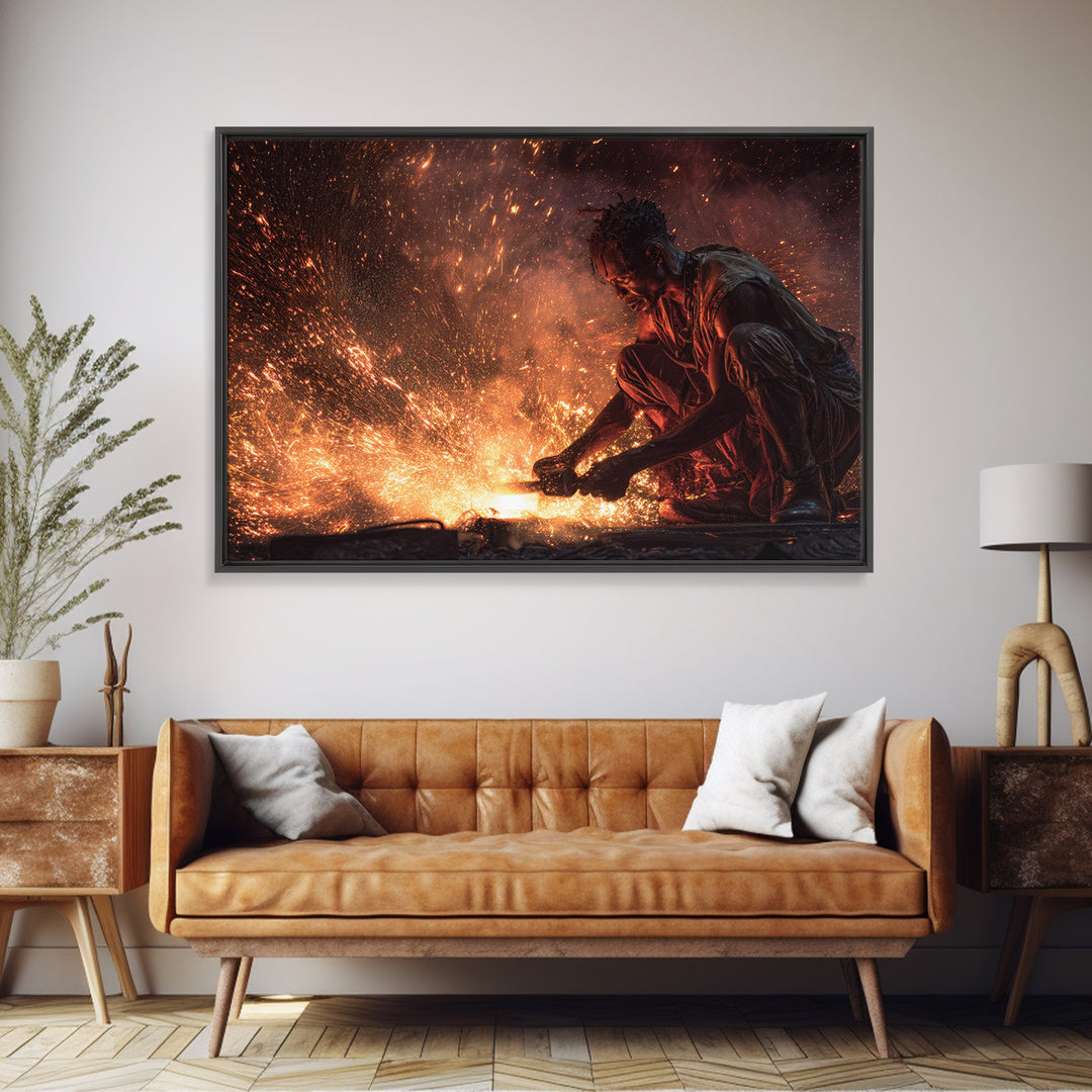 Black Artisan Forging Sparks Framed Canvas Print, African American Art, Black Man Portrait, Powerful Industrial Wall Decor Gift