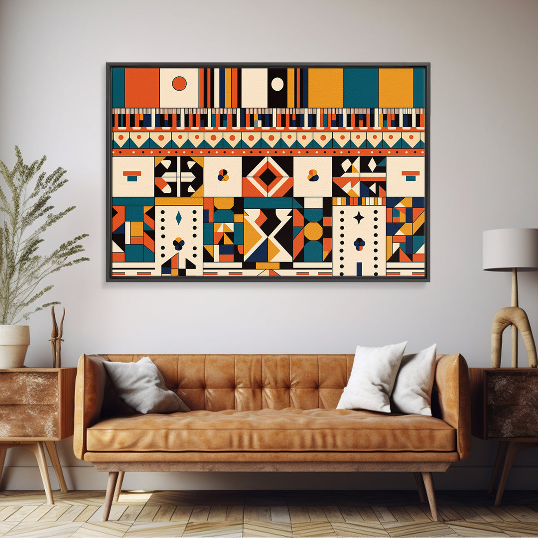 Bold Ankara Geometric Pattern Wall Art, African Fabric Design, African Patterns, Tribal Art Decor, Orange Teal Home Decor