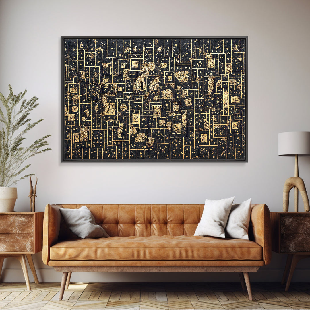 Gold Linear Geometric Maze Canvas Print, African Abstract Art, Black And Gold Art, Luxury Canvas Art, Elegant Wall Decor