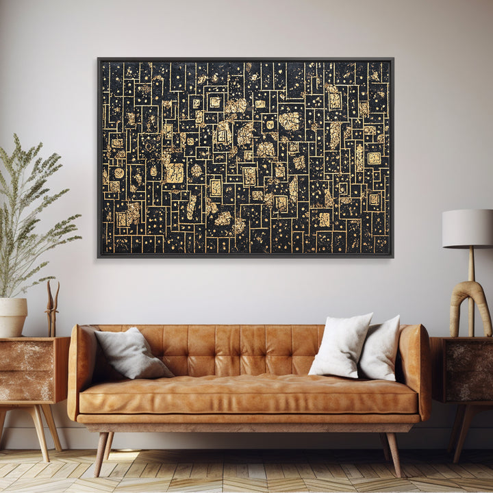 Gold Linear Geometric Maze Canvas Print, African Abstract Art, Black And Gold Art, Luxury Canvas Art, Elegant Wall Decor