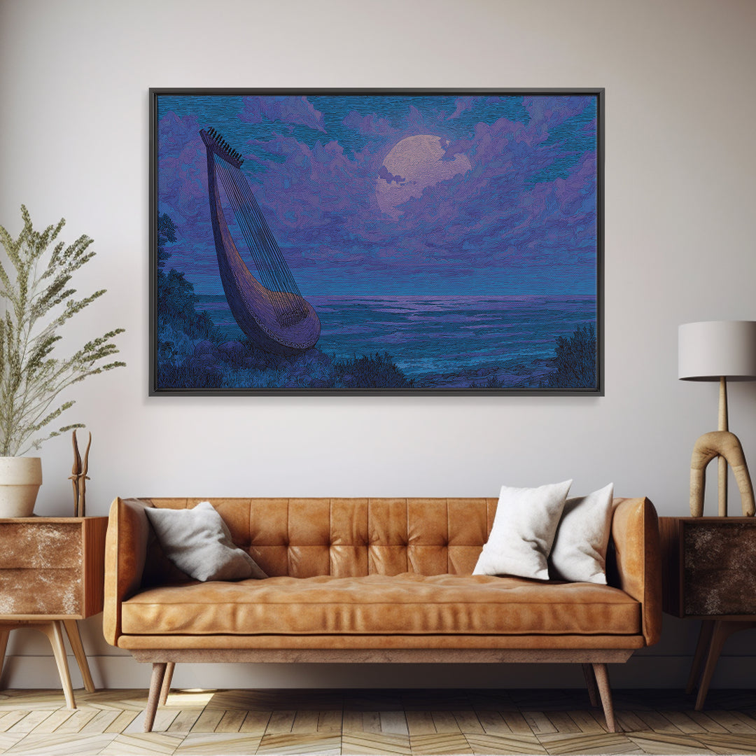 Moonlit African Kora By Ocean, Blue Purple Canvas Print, Afrocentric Wall Decor, African Music Art, Dreamy Coastal Decor
