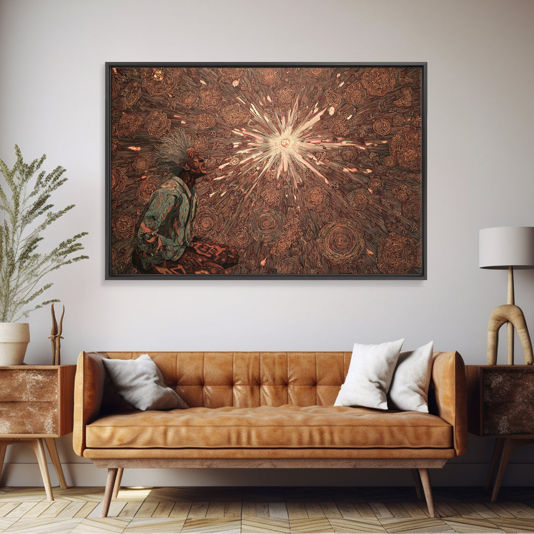 Seated African Mystic With Radiant Star, Framed Canvas Print, Afrocentric Wall Art, Spiritual Decor, Black Culture Art Gift