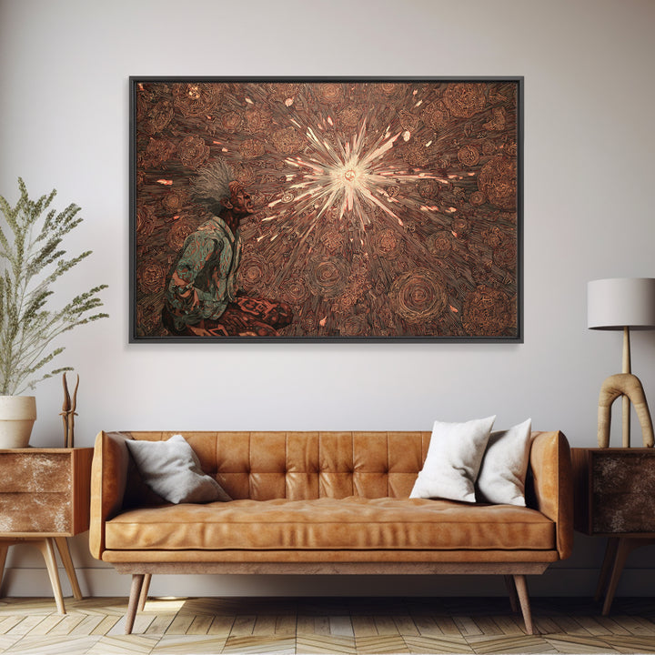 Seated African Mystic With Radiant Star, Framed Canvas Print, Afrocentric Wall Art, Spiritual Decor, Black Culture Art Gift