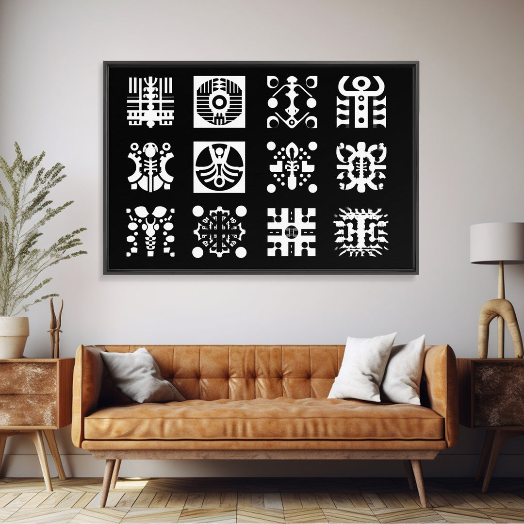 Black And White African Tribal Symbols Wall Art, Geometric Pattern Print, Afrocentric Decor, Modern African Art, Bold Office Decor