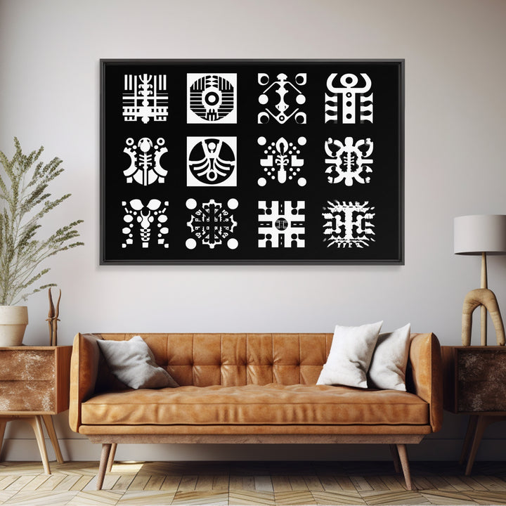 Black And White African Tribal Symbols Wall Art, Geometric Pattern Print, Afrocentric Decor, Modern African Art, Bold Office Decor