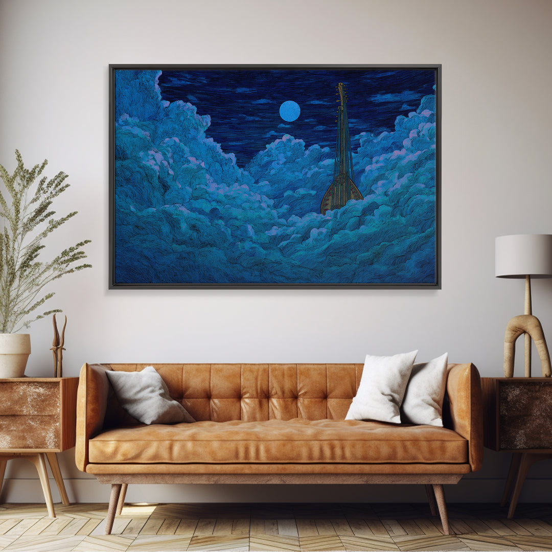 Blue Moon African Kora In Clouds Canvas Print, Dreamy Night Sky Wall Art, Afrocentric Music Decor, Mystical Bedroom Decor