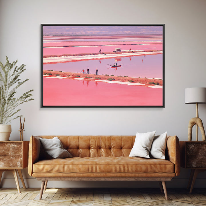 Pink African Salt Lake With Boats Wall Art, Senegal Inspired Landscape, Pastel Travel Print, Coastal Home Decor, Unique Gift