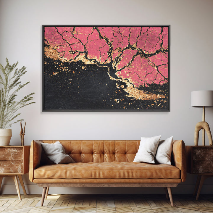Pink Black And Gold Cracked Abstract Wall Art, Textured Canvas Print, Luxury Modern Decor, Earth Tone Statement Piece Unique Gift