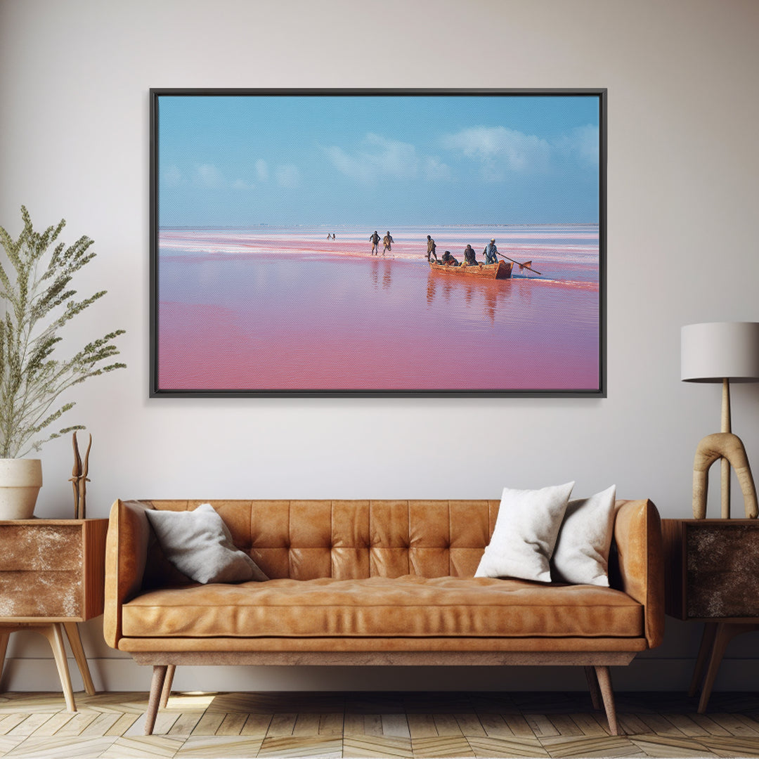 Pink Lake Boat With African Fishermen Wall Art, Senegal Travel Photography, Coastal Canvas Print, Pastel Blue Home Decor Gift