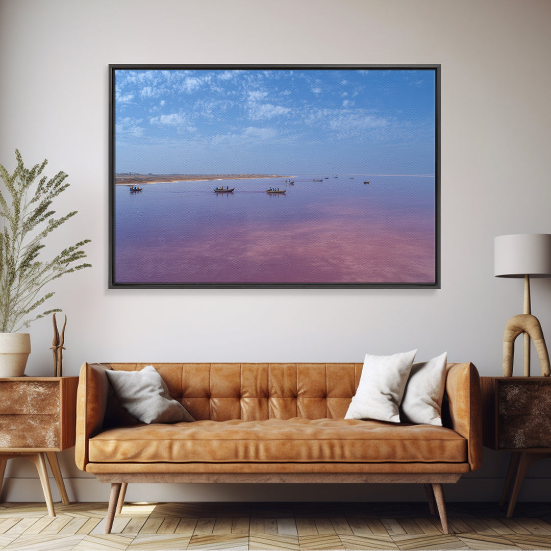 Wide Pink African Lake With Fishing Boats Wall Art, Serene Travel Photography, Blue Sky Canvas Print, Coastal Living Room Decor