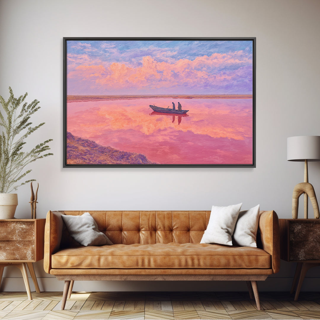 Pastel Pink Lake Boat At Sunset Canvas Print, African Landscape Wall Art, Dreamy Coastal Decor, Senegal Inspired Travel Gift