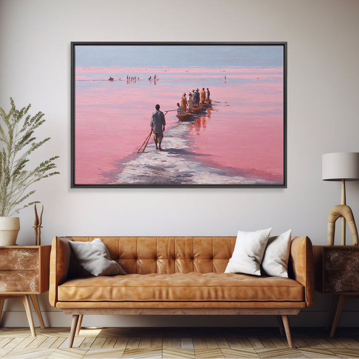 Pink Salt Lake Fishermen And Boats Wall Art, African Landscape, Senegal Travel Poster, Coastal Fishing Decor, Large Canvas