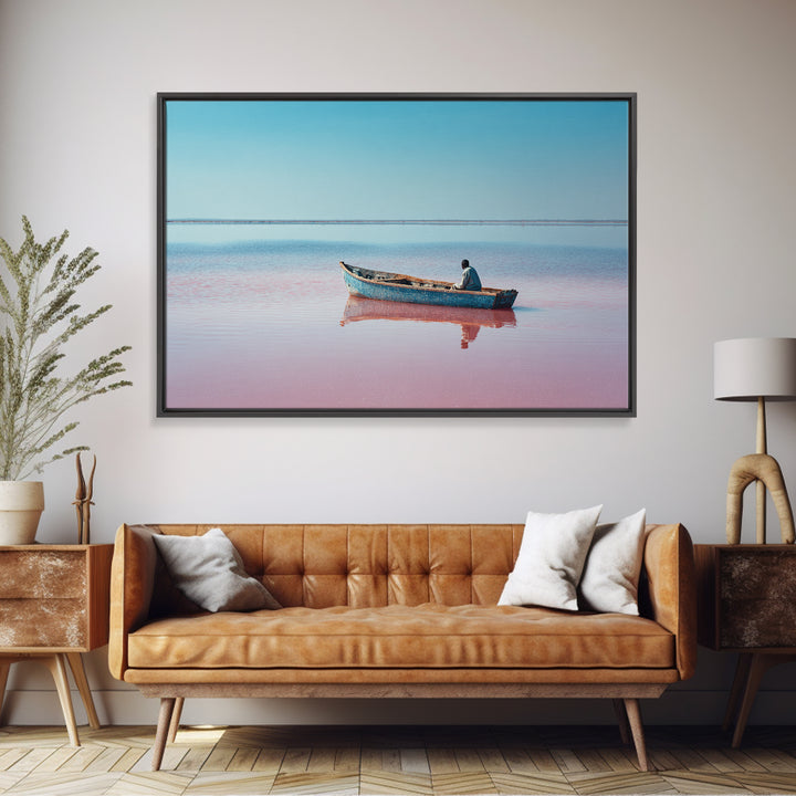 Lone Blue Boat On Pink Lake Canvas Print, African Landscape, Minimalist Travel Poster, Serene Coastal Wall Decor Gift For Home