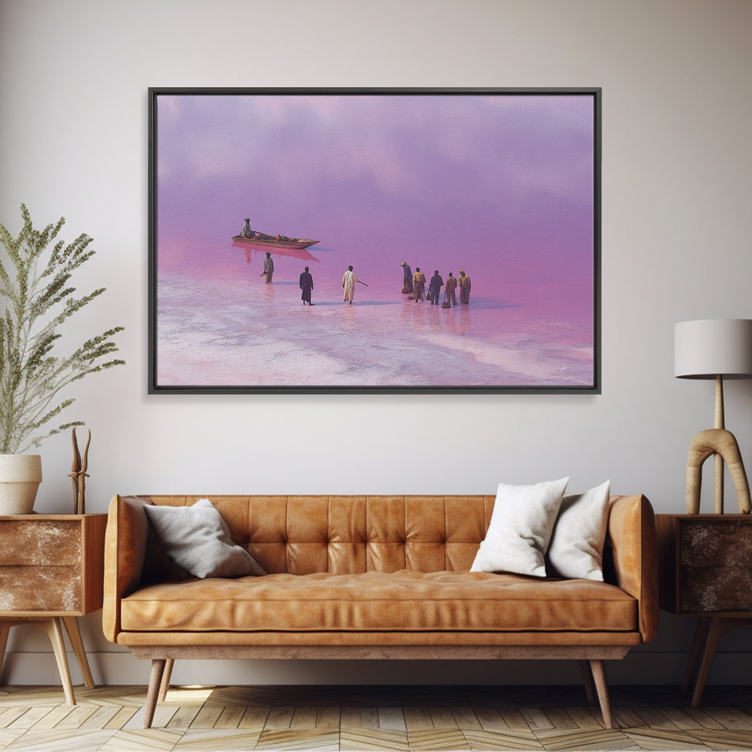 Purple Pink Salt Lake Boat Scene Wall Art, African Landscape, Coastal Travel Poster, Cultural Home Decor, Large Canvas Print