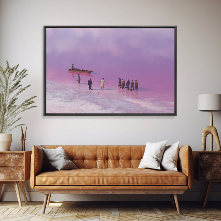 Purple Pink Salt Lake Boat Scene Wall Art, African Landscape, Coastal Travel Poster, Cultural Home Decor, Large Canvas Print