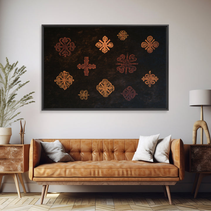 Black Mud Cloth Adinkra Symbols Wall Art, African Patterns, Tribal Textile Art, Ethnic Home Decor, Bold Cultural Print For Living Room