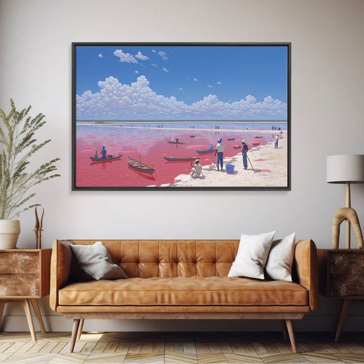 Vibrant Pink Lake Boats Under Clouds Framed Canvas Print, African Landscape, Senegal Travel Poster, Coastal Wall Decor Gift