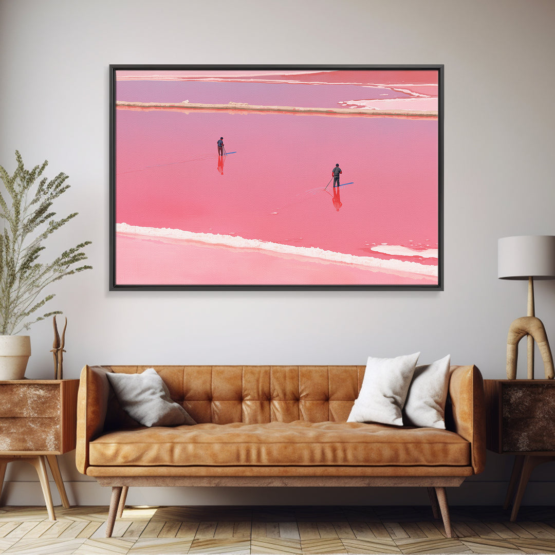 Two Figures Walking Pink Salt Flats Wall Art, Minimalist African Landscape, Dreamy Pink Decor, Modern Coastal Canvas Print