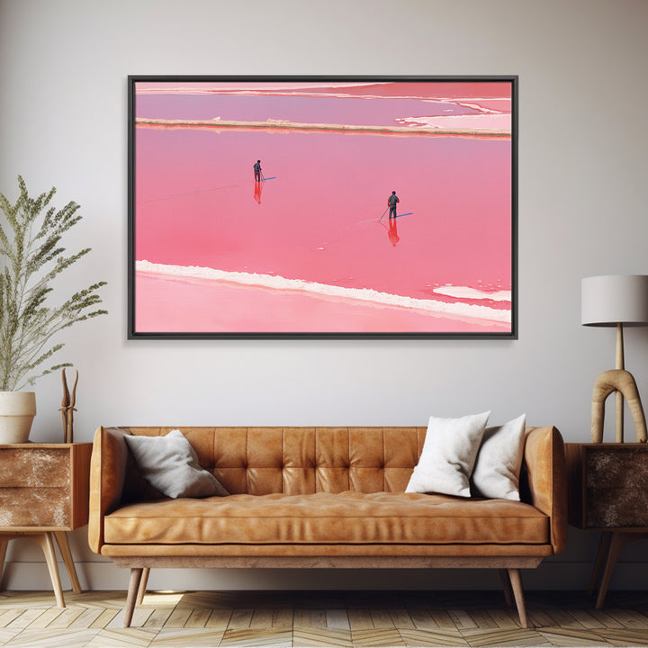 Two Figures Walking Pink Salt Flats Wall Art, Minimalist African Landscape, Dreamy Pink Decor, Modern Coastal Canvas Print