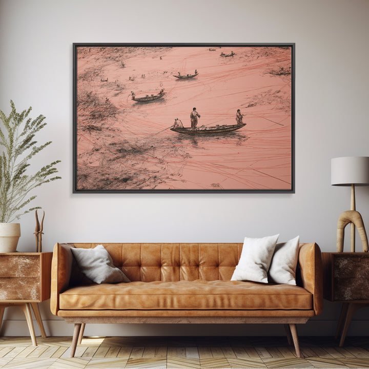 Aerial Pink Salt Lake Boats And Tracks Wall Art, African Landscape, Minimalist Coastal Poster, Earth Tone Canvas Print Decor