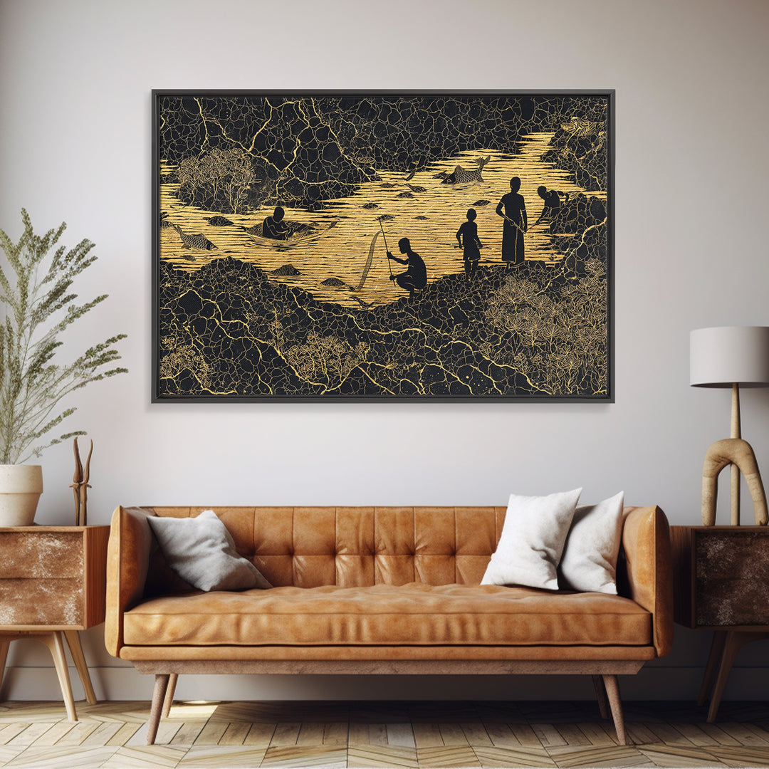 Golden River Village Silhouettes Wall Art, African Wall Art, Black Culture Art, Tribal Landscape, Cultural Home Decor Gift