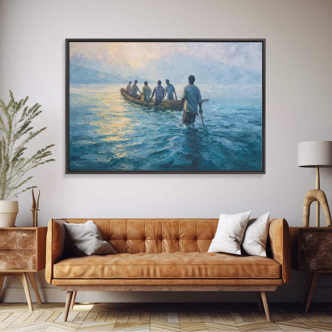 Blue Lake Fishermen In Canoe Canvas Print, African Art Print, Coastal Water Painting, Living Room Decor, Unique Canvas Gift