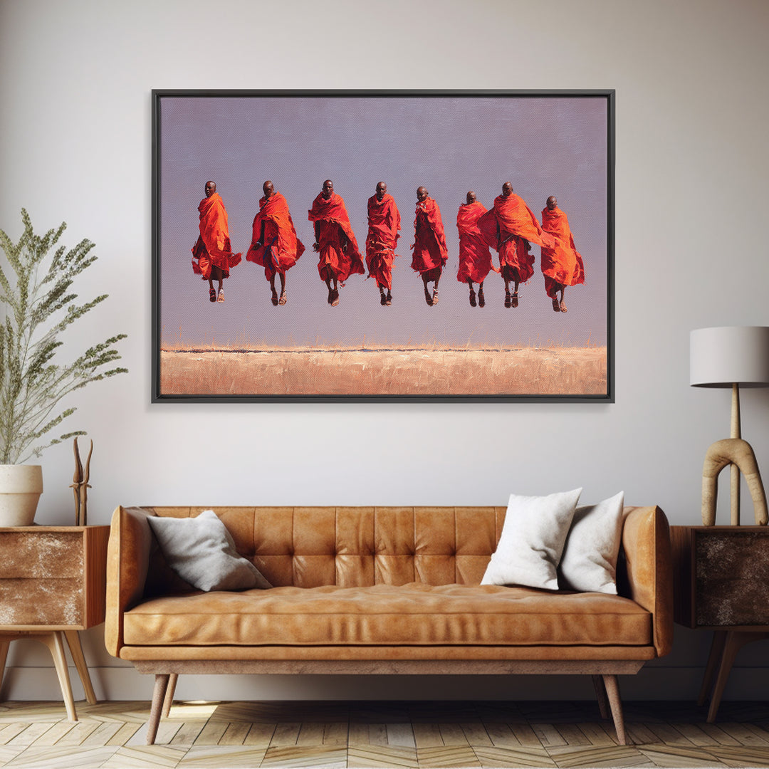 Seven Red Robed Maasai Jumpers Wall Art, African Tribal Art, East Africa Painting, Bold Wall Decor, Empowered Women Gift