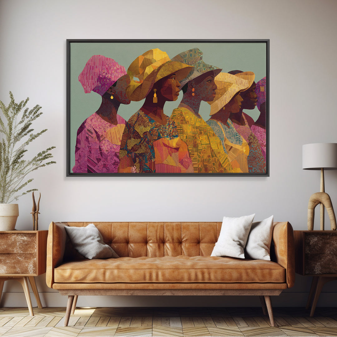 Four African Women In Woven Hats Canvas Print Ankara Wall Art Black Woman Art Afrocentric Decor Cultural Portrait Gift For Her