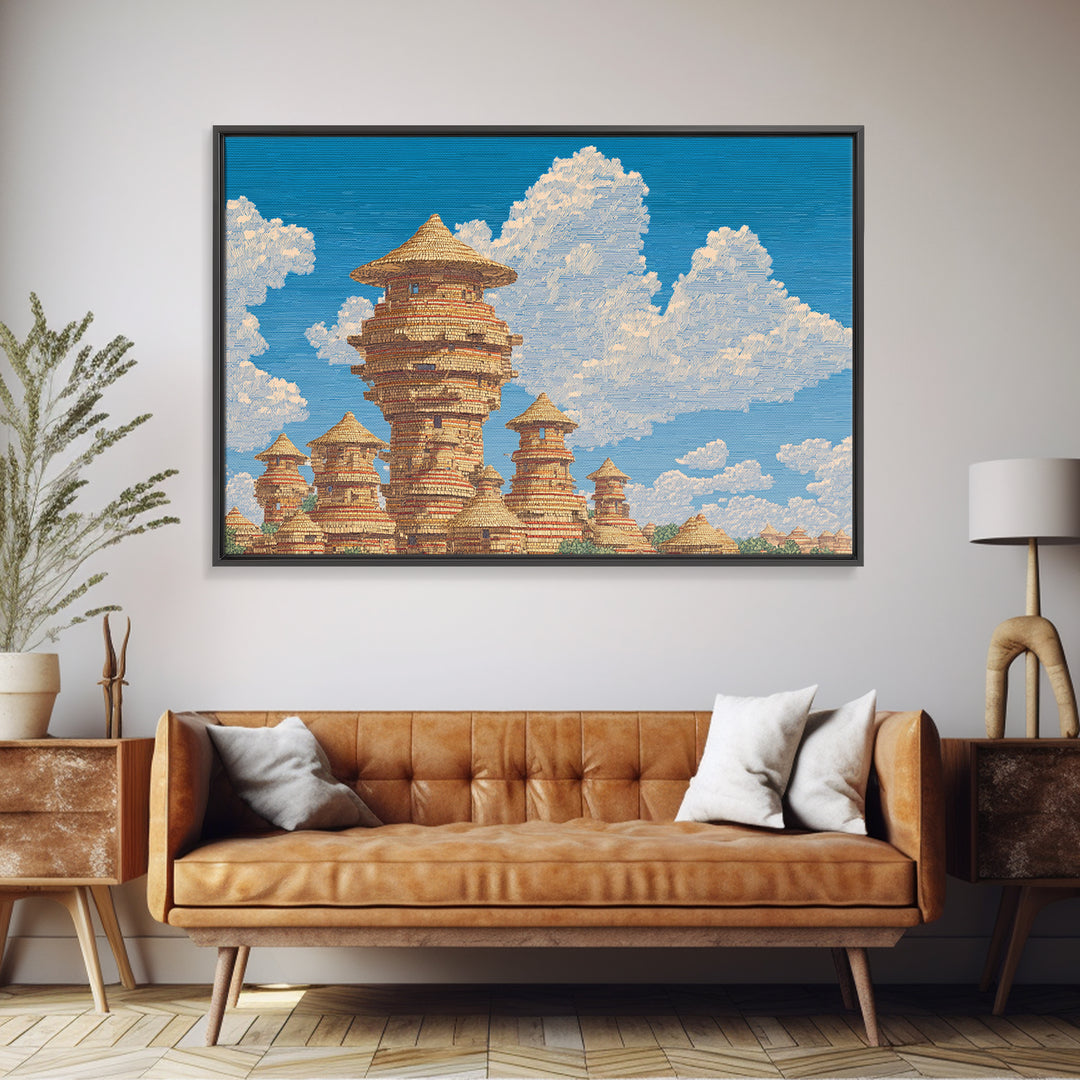 Sunlit African Village Towers Canvas Print Traditional African Architecture Wall Art Earth Tone Safari Decor Cultural Art Print