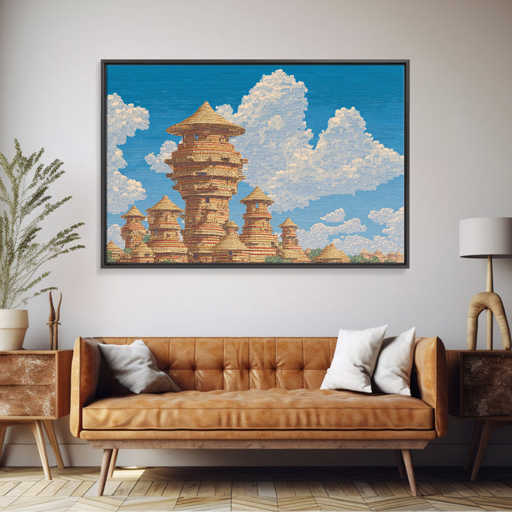 Sunlit African Village Towers Canvas Print Traditional African Architecture Wall Art Earth Tone Safari Decor Cultural Art Print