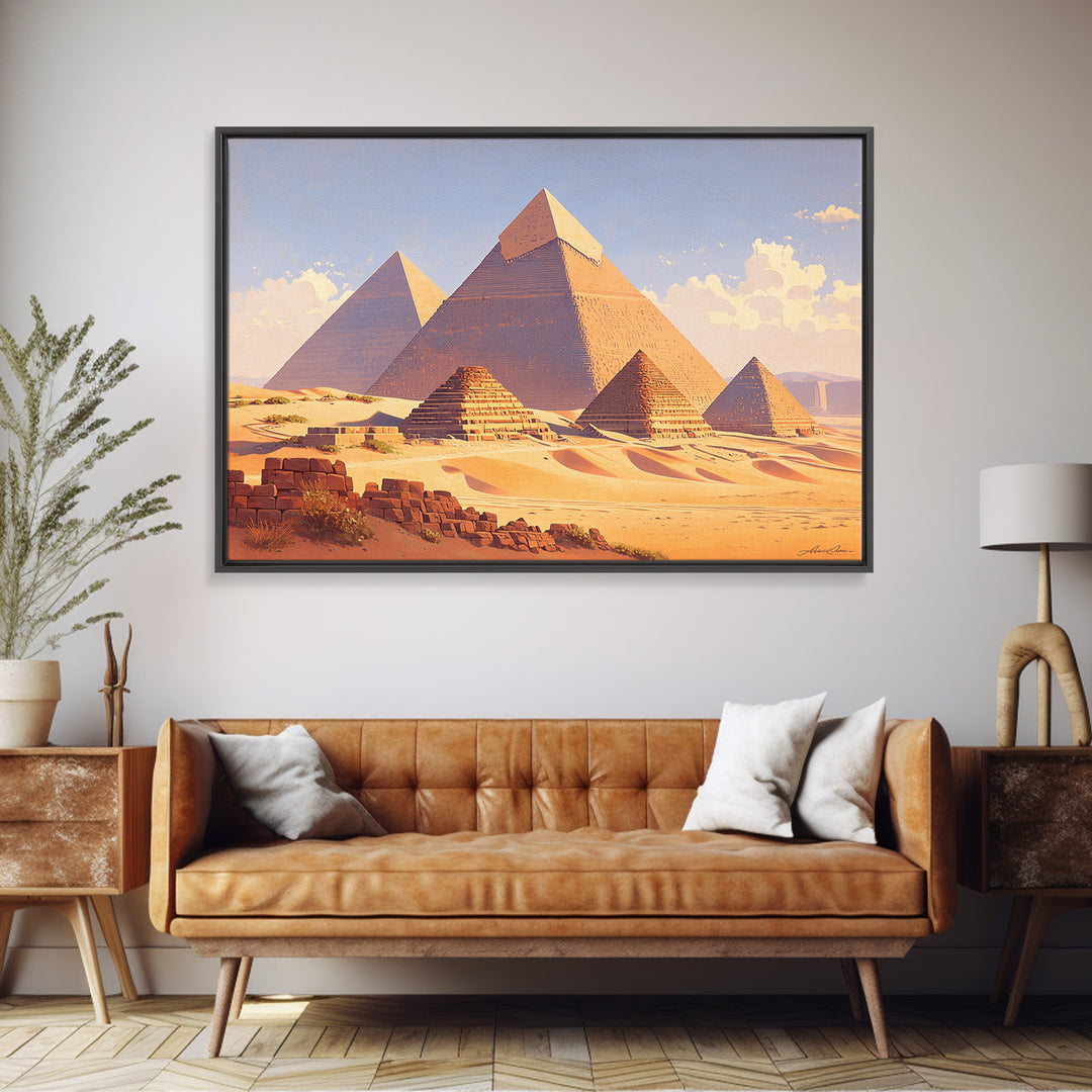 Warm Sunset Egyptian Pyramids Framed Canvas Print African Egyptian Art Ancient Desert Landscape Wall Decor Travel Poster Gift