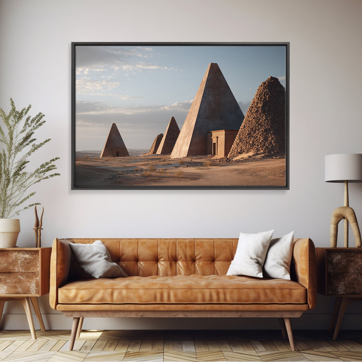 Monumental Nubian Pyramids In Desert Framed Canvas Print, Ancient African Art, African Landscape, Cultural Wall Decor, Home Decor Gift