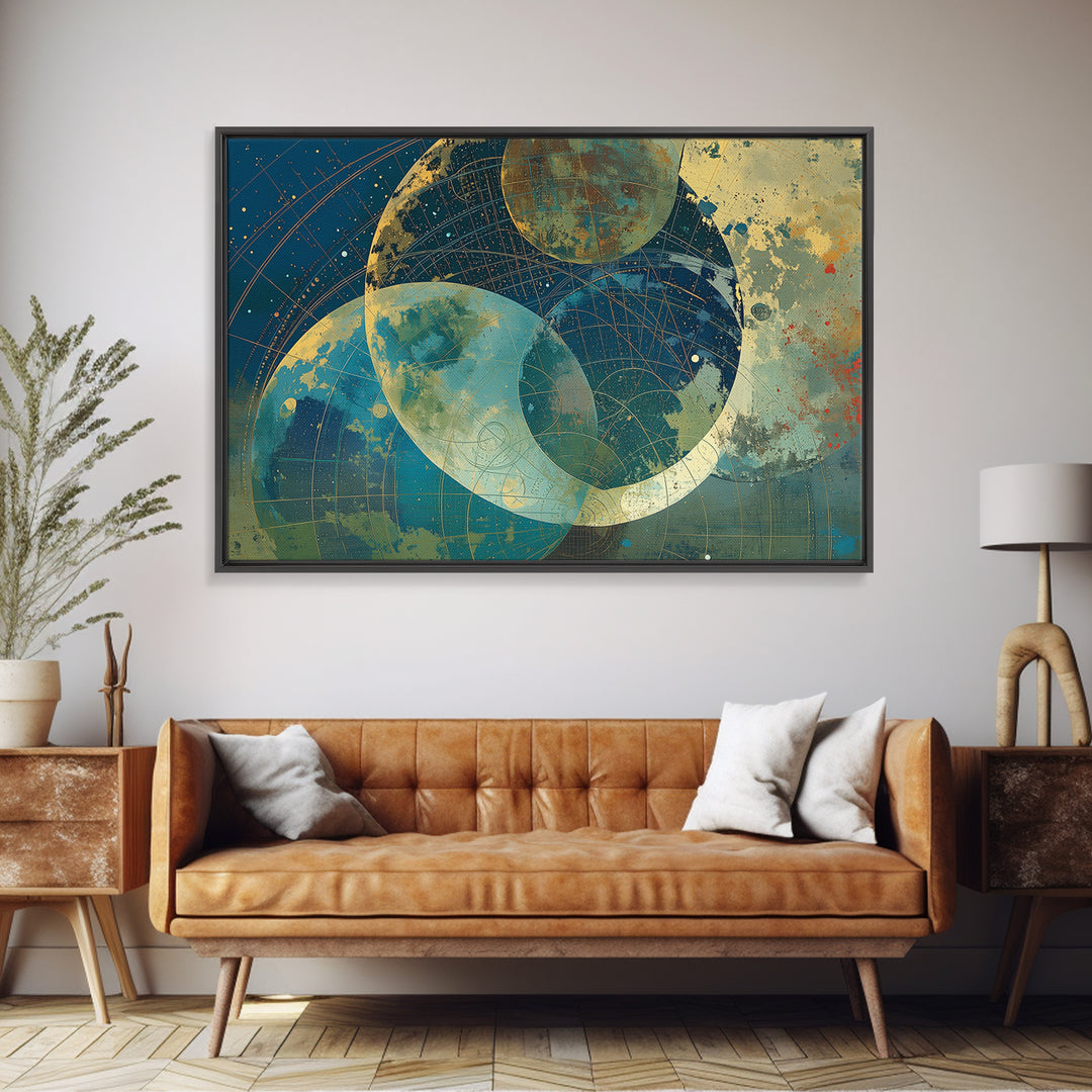 Layered Moons And Planetary Orbits Canvas Print, Abstract Wall Art, Modern Canvas Art, Celestial Digital Art, Office Decor