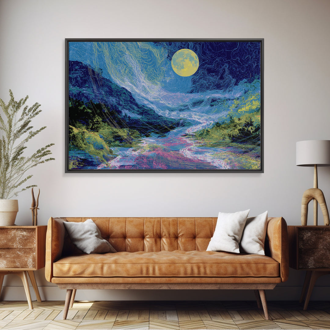 Blue Moonlit River Through Mountains Wall Art, Dreamy Wall Art, Nature Scene Art, Blue Home Decor, Large Decor Art, Living Room Art