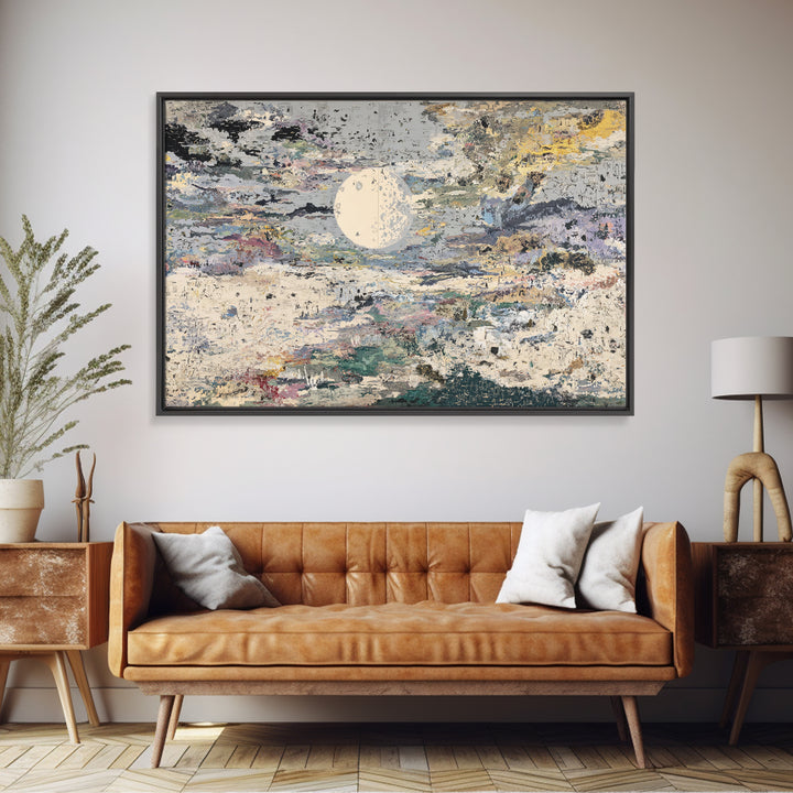 Textured Full Moon Over Abstract Clouds Framed Canvas Print, Abstract Wall Art, Modern Art, Beige Wall Art, Elegant Home Decor