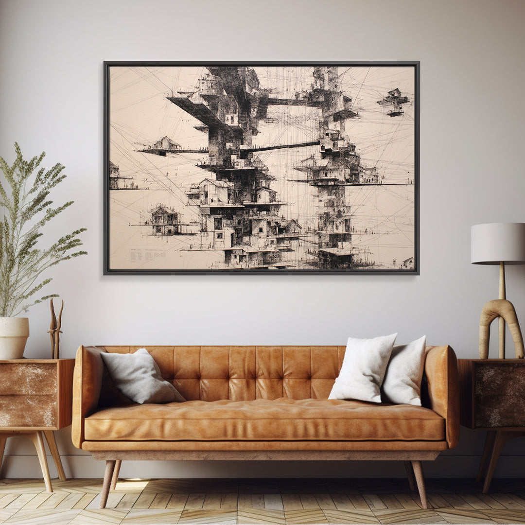 Futuristic Floating Tower City Wall Art, Architectural Illustration Art, Modern Wall Decor, Black And White Art, Office Art