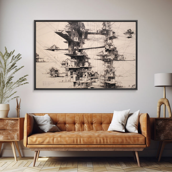 Futuristic Floating Tower City Wall Art, Architectural Illustration Art, Modern Wall Decor, Black And White Art, Office Art