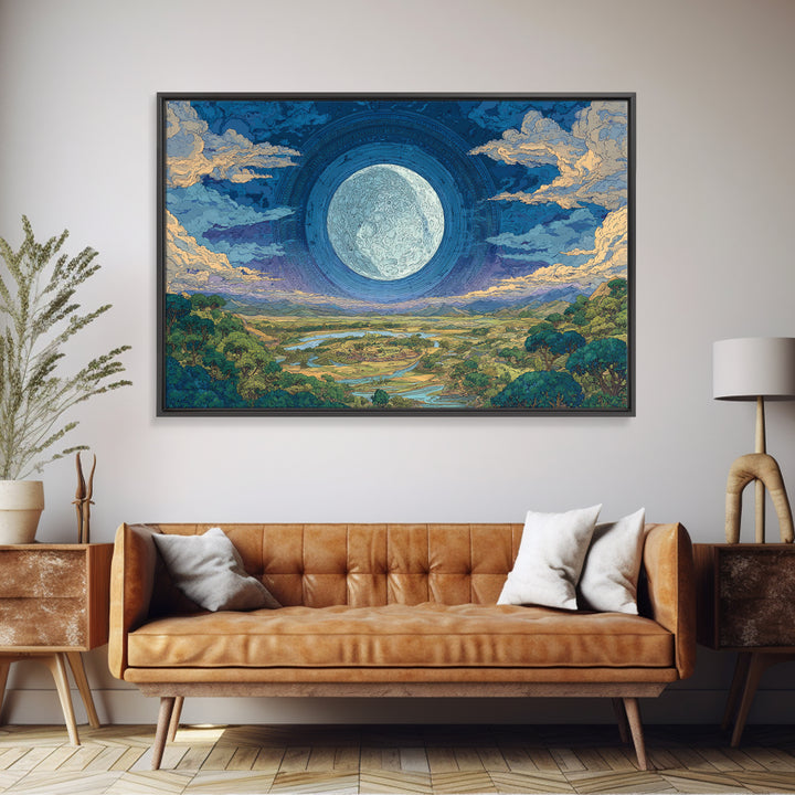 Giant Moon Over River Valley Canvas Print, Dreamy Wall Art, Nature Scene Art, Blue And Green Decor, Landscape Wall Decor