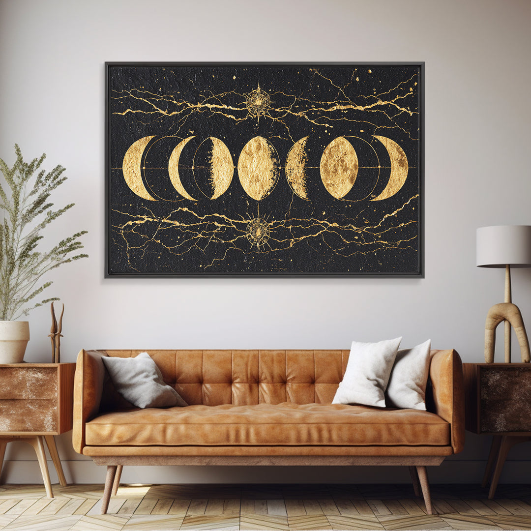 Gold Moon Phase Celestial Wall Art, Black Marble Lunar Decor, Mystical Astronomy Print, Boho Spiritual Home Decor Gift For Her