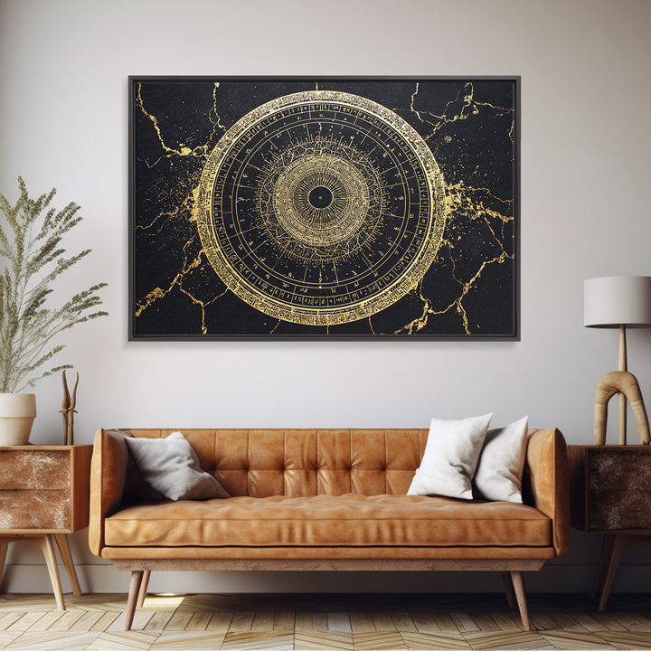 Gold Zodiac Wheel Framed Canvas Print, Astrological Chart Wall Decor, Celestial Astronomy Art, Mystical Home Decor Gift Idea
