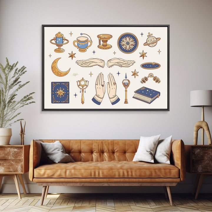 Mystic Witch Hands And Stars Wall Art, Occult Objects Illustration, Tarot Celestial Decor, Boho Spiritual Gift For Her Print